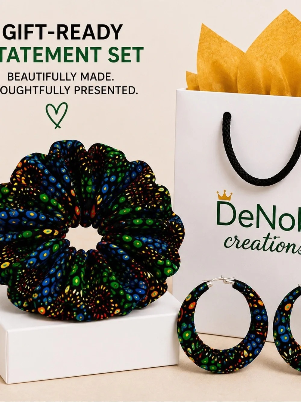 Handmade African Ankara Print Scrunchie & Hoop Earring Set | Green Floral